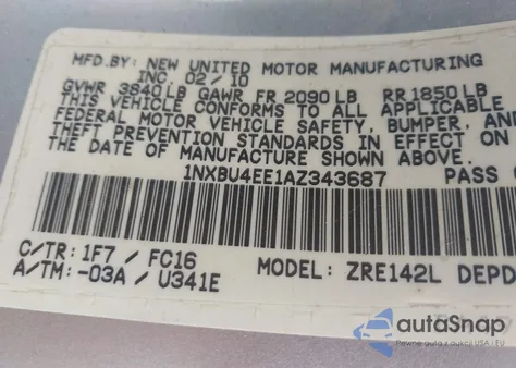 2010 Toyota Corolla Base from USA, damaged, VIN 1NXBU4EE1AZ343687